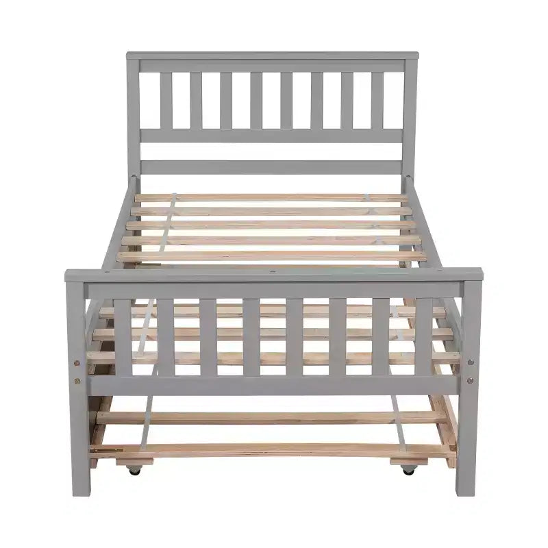 Whisen Twin Size Wood Platform Bed Frame with Trundle, with Headboard and Footboard