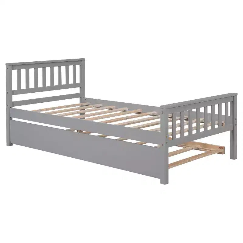 Whisen Twin Size Wood Platform Bed Frame with Trundle, with Headboard and Footboard