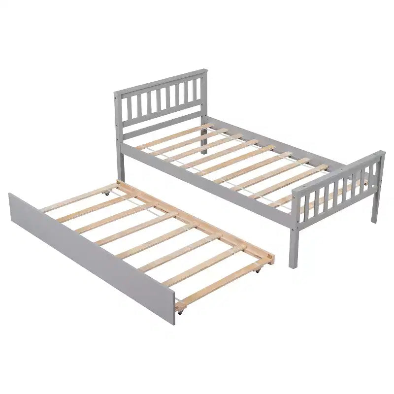 Whisen Twin Size Wood Platform Bed Frame with Trundle, with Headboard and Footboard