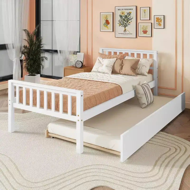 Whisen Twin Size Wood Platform Bed Frame with Trundle, with Headboard and Footboard