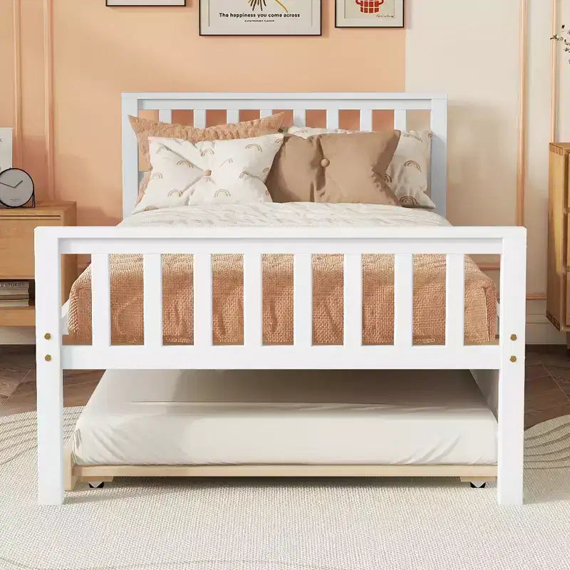 Whisen Twin Size Wood Platform Bed Frame with Trundle, with Headboard and Footboard