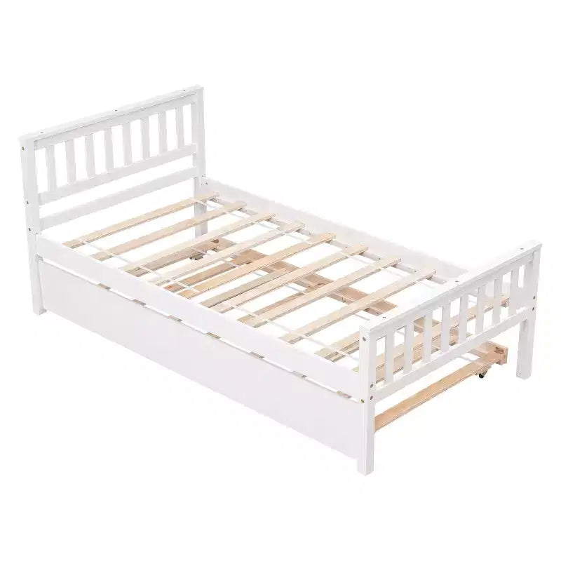 Whisen Twin Size Wood Platform Bed Frame with Trundle, with Headboard and Footboard