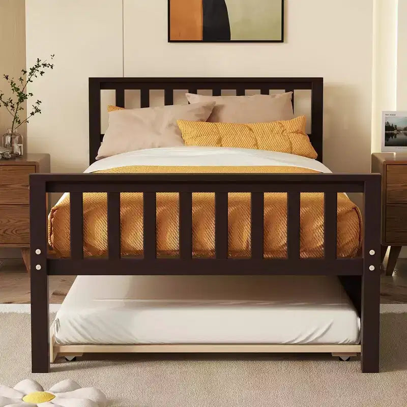 Whisen Twin Size Wood Platform Bed Frame with Trundle, with Headboard and Footboard
