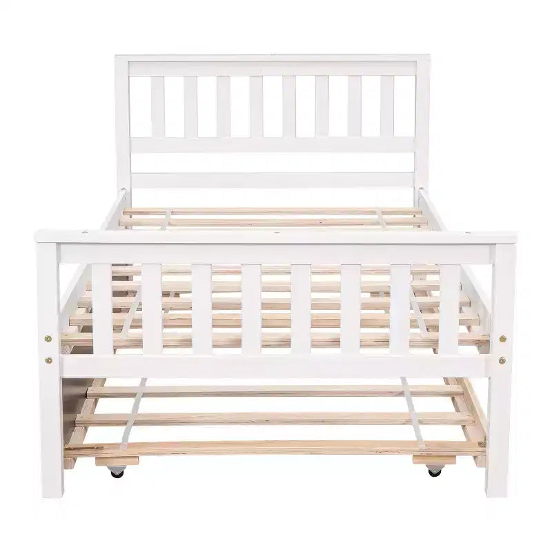 Whisen Twin Size Wood Platform Bed Frame with Trundle, with Headboard and Footboard
