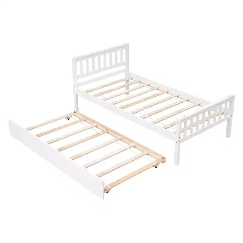 Whisen Twin Size Wood Platform Bed Frame with Trundle, with Headboard and Footboard