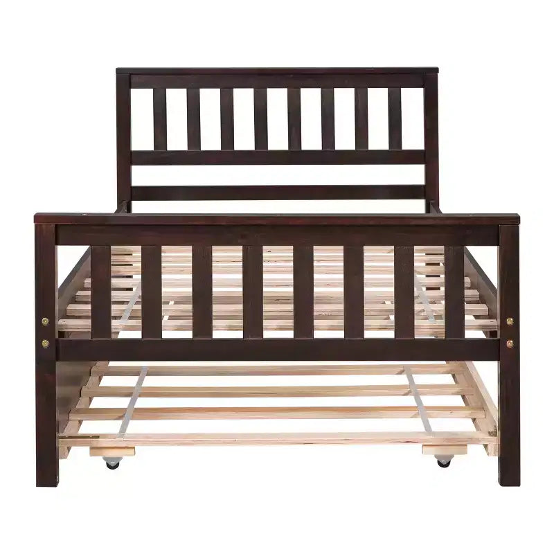 Whisen Twin Size Wood Platform Bed Frame with Trundle, with Headboard and Footboard