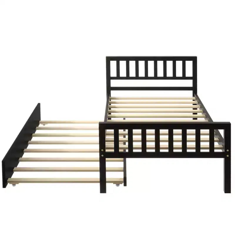 Whisen Twin Size Wood Platform Bed Frame with Trundle, with Headboard and Footboard