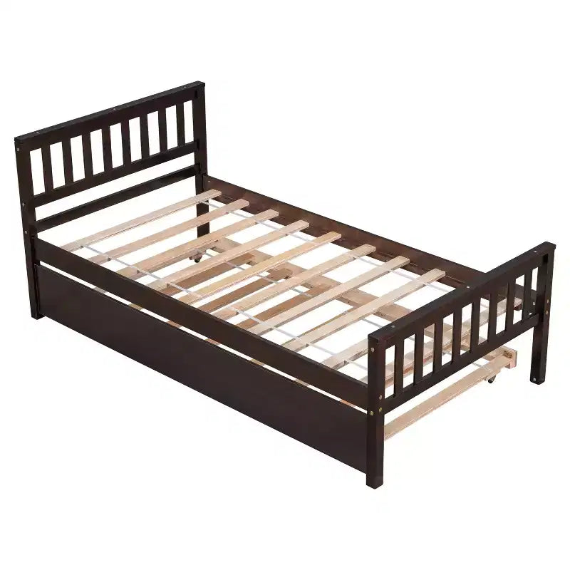 Whisen Twin Size Wood Platform Bed Frame with Trundle, with Headboard and Footboard