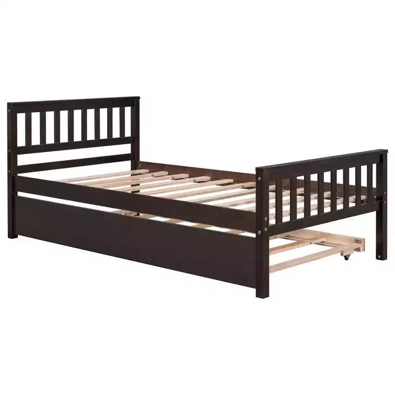 Whisen Twin Size Wood Platform Bed Frame with Trundle, with Headboard and Footboard