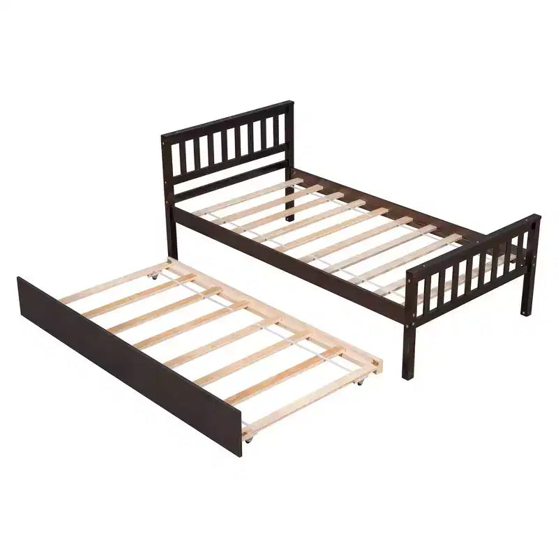 Whisen Twin Size Wood Platform Bed Frame with Trundle, with Headboard and Footboard