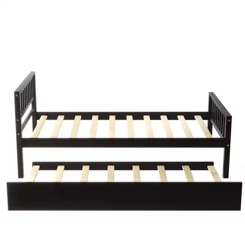 Whisen Twin Size Wood Platform Bed Frame with Trundle, with Headboard and Footboard