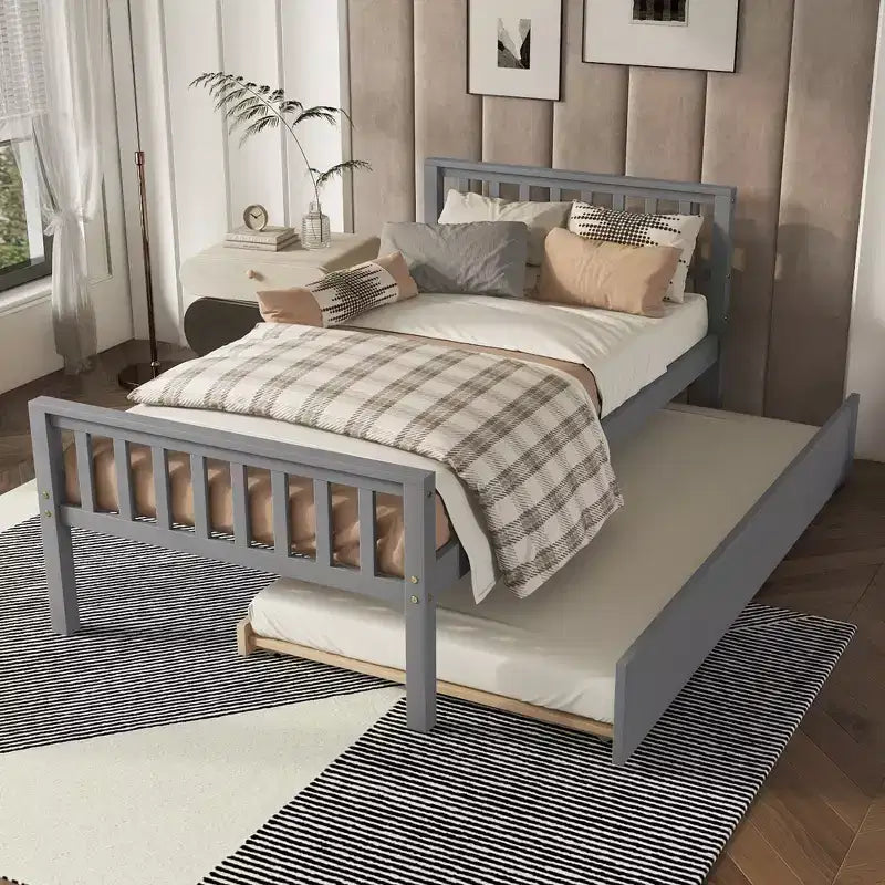 Whisen Twin Size Wood Platform Bed Frame with Trundle, with Headboard and Footboard