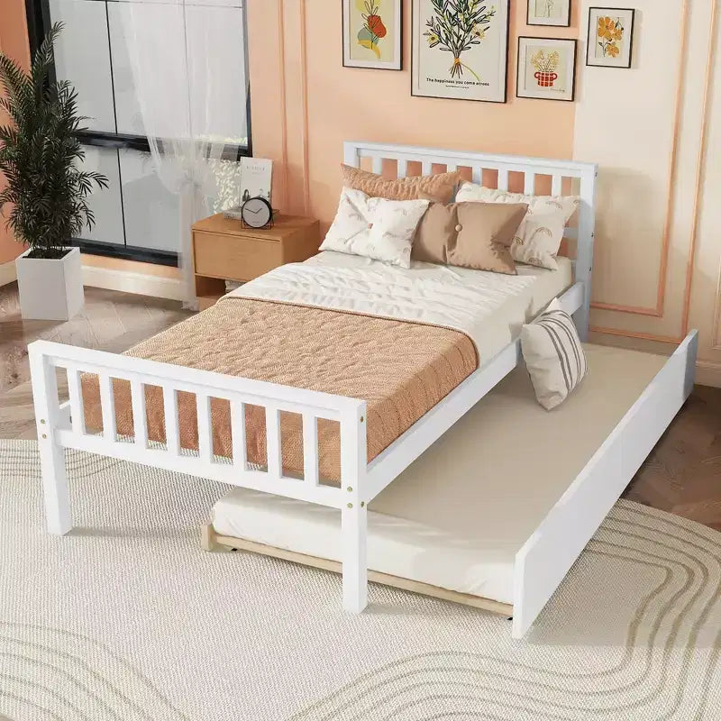 Whisen Twin Size Wood Platform Bed Frame with Trundle, with Headboard and Footboard