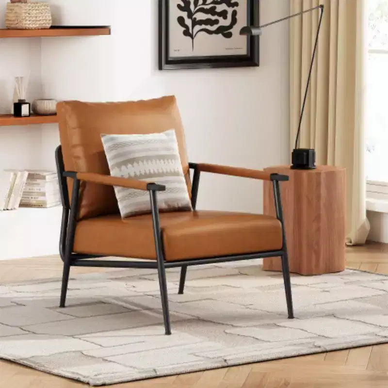 Mid-Century Modern Chair: Brown Faux Leather, Metal Frame, Wood Arms - for Living Room, Bedroom, Office