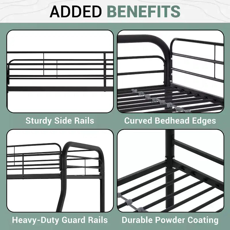 Full Metal Bunk Bed Low Height Safety Design with Guardrails, Angled Ladder and Underbed Storage