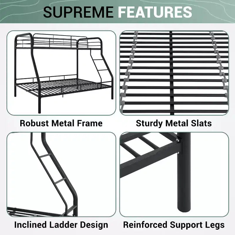 Full Metal Bunk Bed Low Height Safety Design with Guardrails, Angled Ladder and Underbed Storage