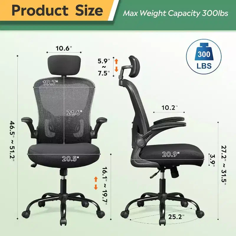 Ergonomic Office Chair for 5'2-6'4 Users, High Back Mesh Computer Desk Chair with Flip-up Armrests, Capacity Home Office Chair, Black