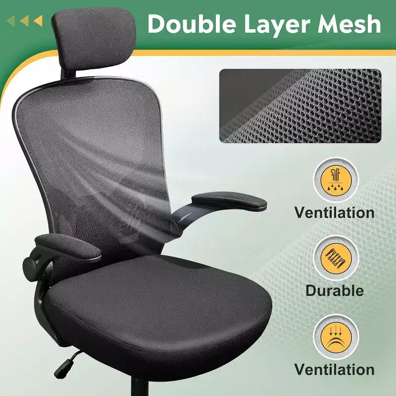 Ergonomic Office Chair for 5'2-6'4 Users, High Back Mesh Computer Desk Chair with Flip-up Armrests, Capacity Home Office Chair, Black