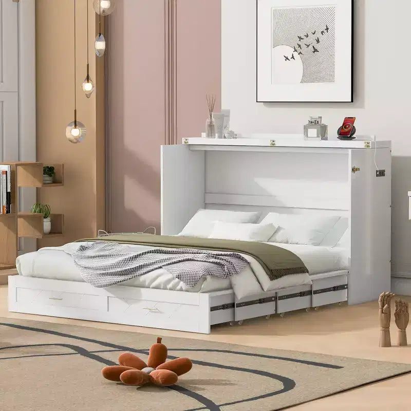 Whisen Clever Design Queen Size Murphy Bed, Folded into a Cabinet with Drawer and USB Ports