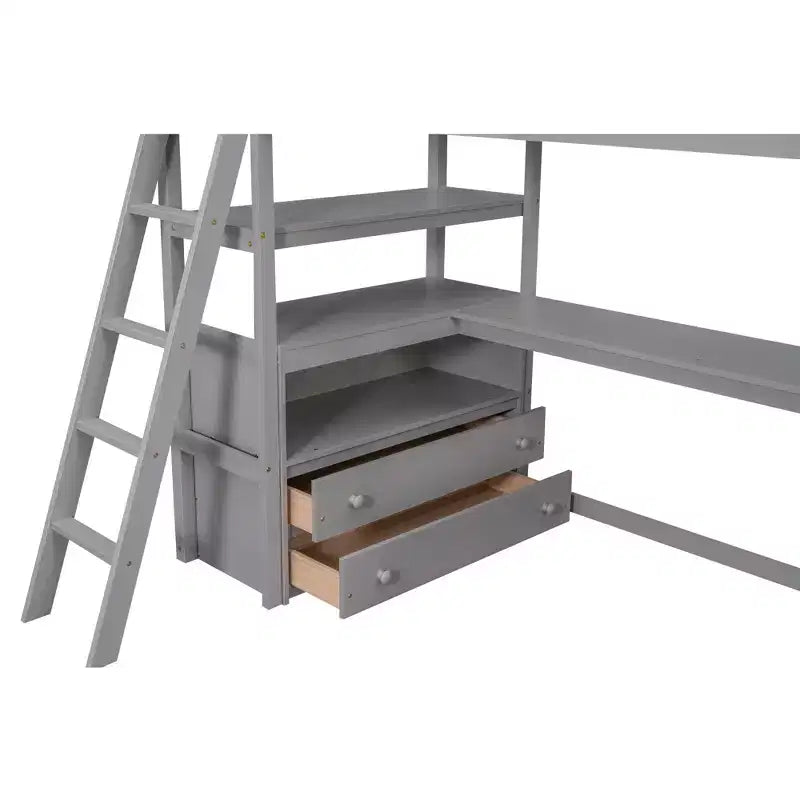 Twin/Full Size Loft Bed with Desk and Shelves, Pine Wood Loft Bed Frame with Two Built-in Drawers - ModernLuxe