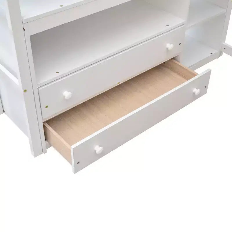 Twin/Full Size Loft Bed with Desk and Shelves, Pine Wood Loft Bed Frame with Two Built-in Drawers - ModernLuxe