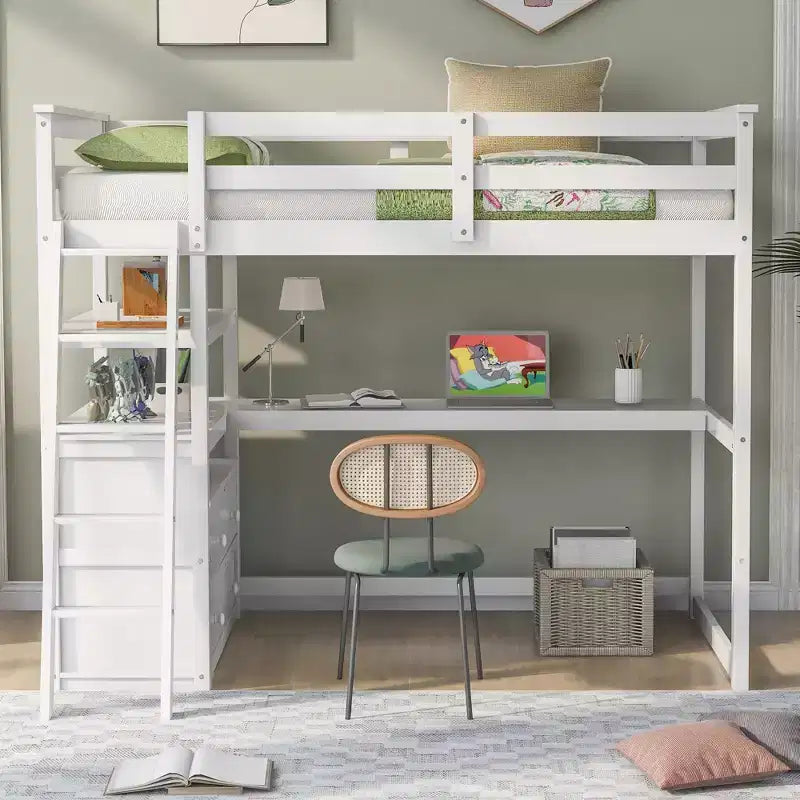 Twin/Full Size Loft Bed with Desk and Shelves, Pine Wood Loft Bed Frame with Two Built-in Drawers - ModernLuxe