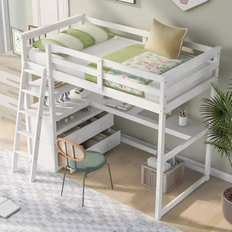 Twin/Full Size Loft Bed with Desk and Shelves, Pine Wood Loft Bed Frame with Two Built-in Drawers - ModernLuxe