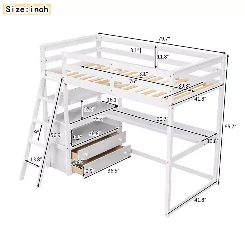 Twin/Full Size Loft Bed with Desk and Shelves, Pine Wood Loft Bed Frame with Two Built-in Drawers - ModernLuxe