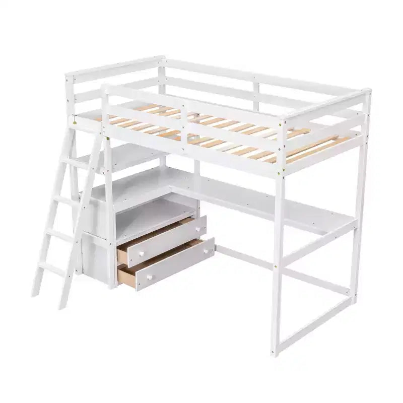Twin/Full Size Loft Bed with Desk and Shelves, Pine Wood Loft Bed Frame with Two Built-in Drawers - ModernLuxe