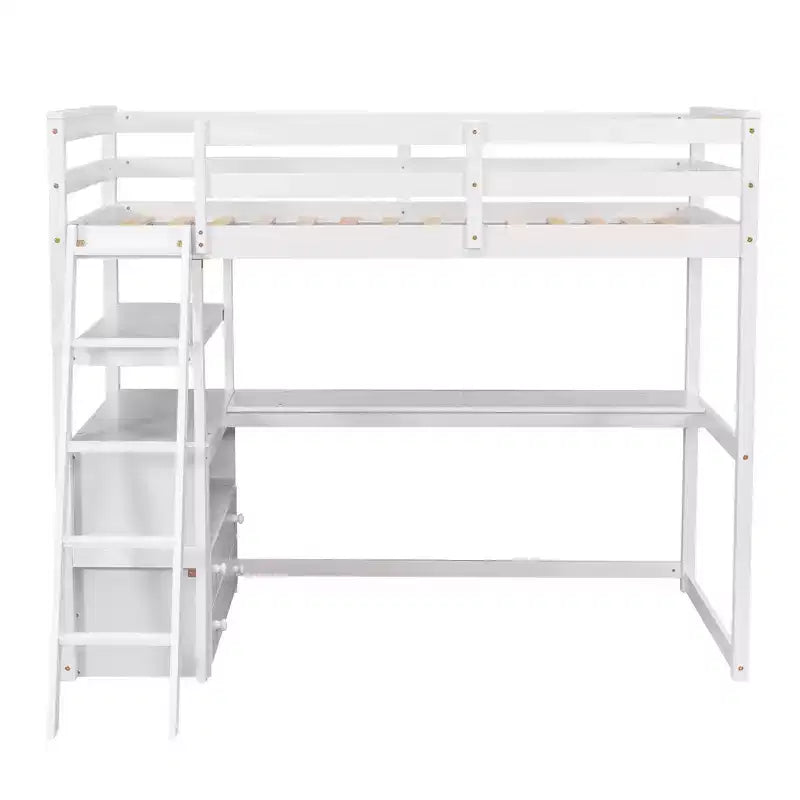 Twin/Full Size Loft Bed with Desk and Shelves, Pine Wood Loft Bed Frame with Two Built-in Drawers - ModernLuxe