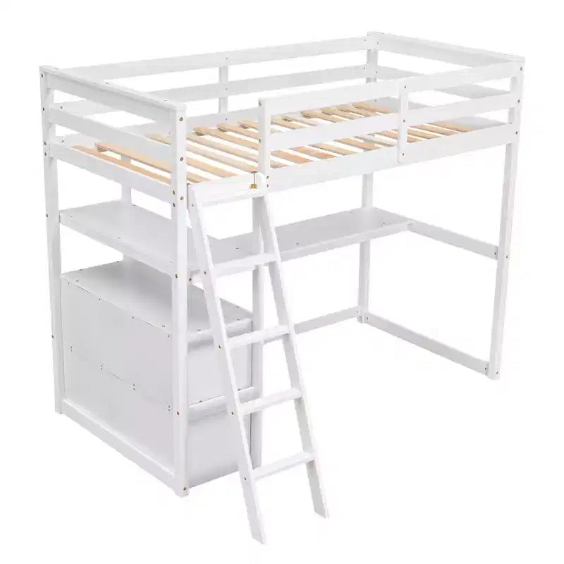 Twin/Full Size Loft Bed with Desk and Shelves, Pine Wood Loft Bed Frame with Two Built-in Drawers - ModernLuxe