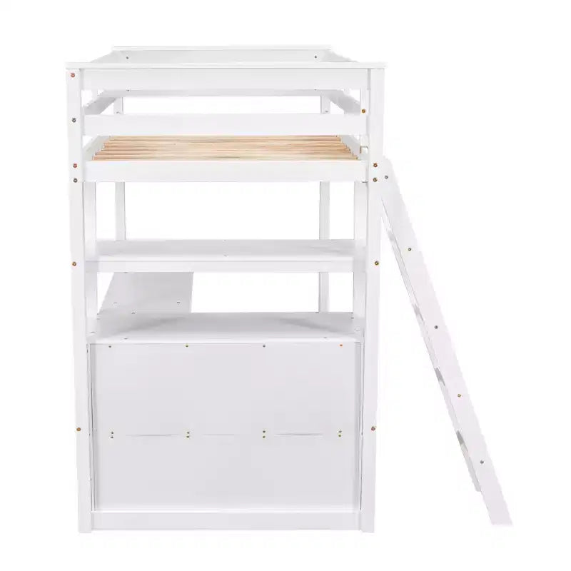 Twin/Full Size Loft Bed with Desk and Shelves, Pine Wood Loft Bed Frame with Two Built-in Drawers - ModernLuxe