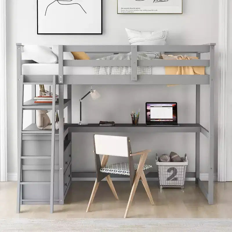 Twin/Full Size Loft Bed with Desk and Shelves, Pine Wood Loft Bed Frame with Two Built-in Drawers - ModernLuxe