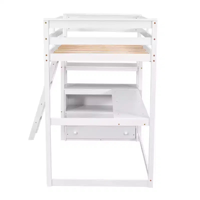 Twin/Full Size Loft Bed with Desk and Shelves, Pine Wood Loft Bed Frame with Two Built-in Drawers - ModernLuxe
