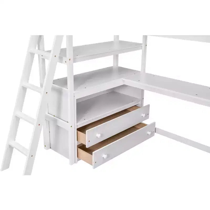 Twin/Full Size Loft Bed with Desk and Shelves, Pine Wood Loft Bed Frame with Two Built-in Drawers - ModernLuxe