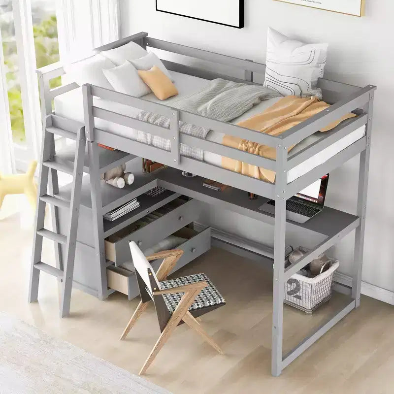 Twin/Full Size Loft Bed with Desk and Shelves, Pine Wood Loft Bed Frame with Two Built-in Drawers - ModernLuxe