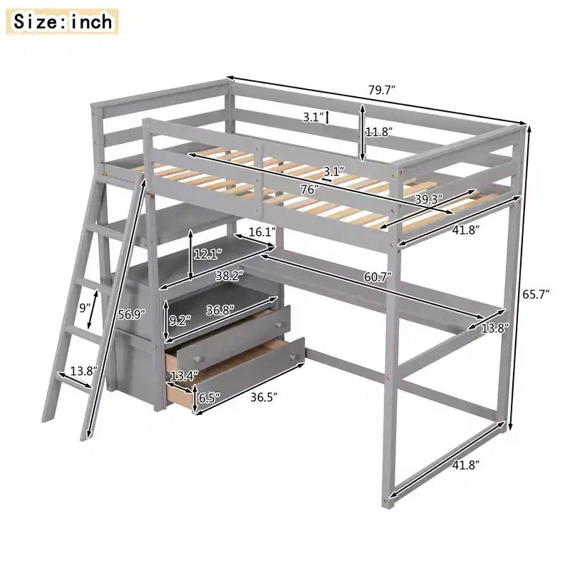 Twin/Full Size Loft Bed with Desk and Shelves, Pine Wood Loft Bed Frame with Two Built-in Drawers - ModernLuxe