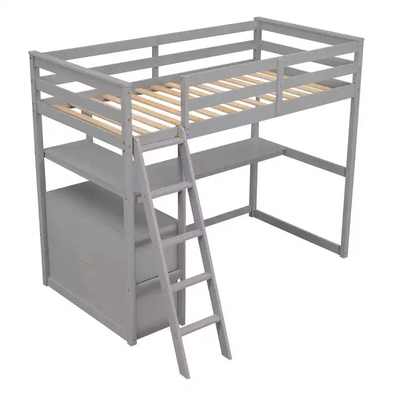 Twin/Full Size Loft Bed with Desk and Shelves, Pine Wood Loft Bed Frame with Two Built-in Drawers - ModernLuxe