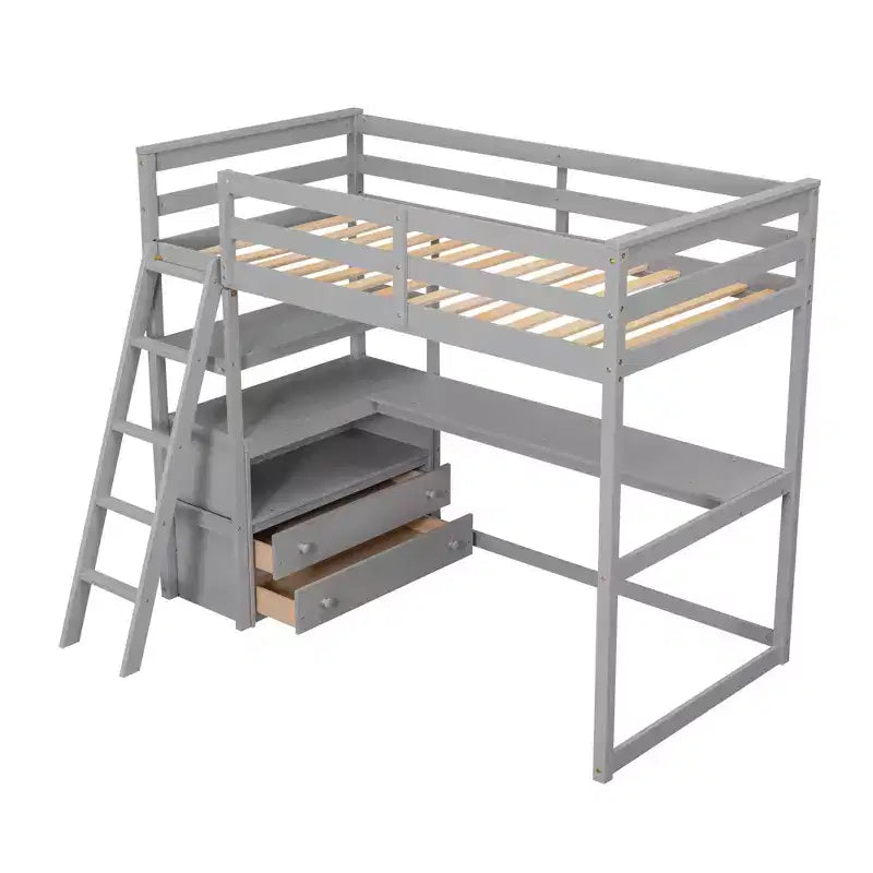 Twin/Full Size Loft Bed with Desk and Shelves, Pine Wood Loft Bed Frame with Two Built-in Drawers - ModernLuxe