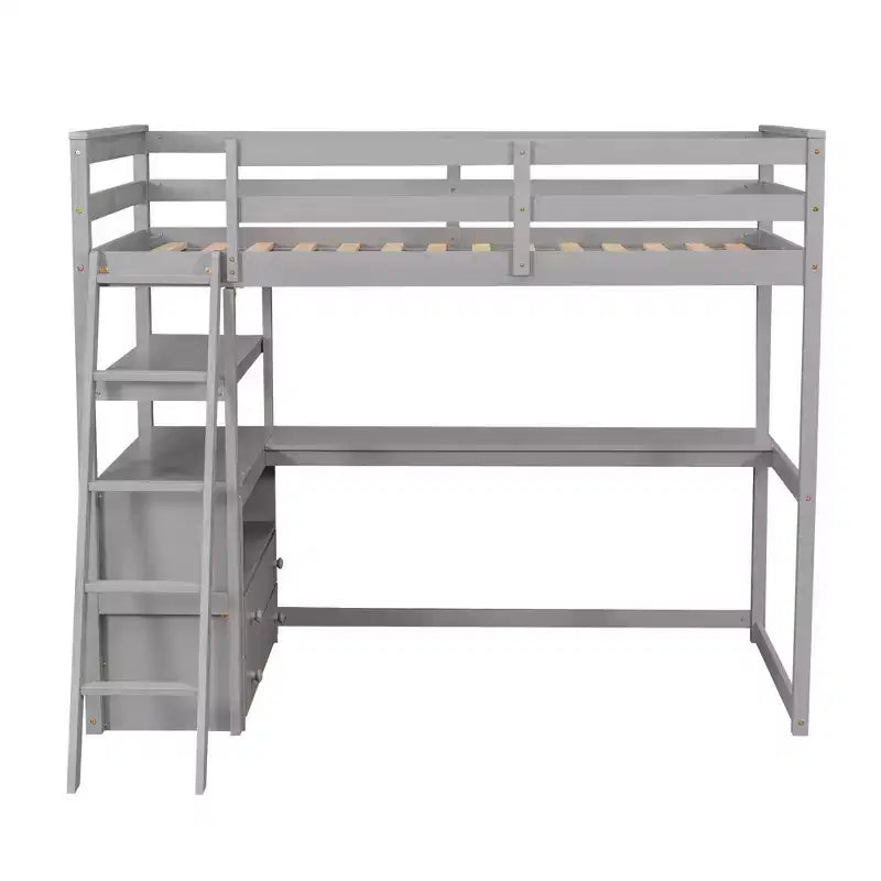 Twin/Full Size Loft Bed with Desk and Shelves, Pine Wood Loft Bed Frame with Two Built-in Drawers - ModernLuxe