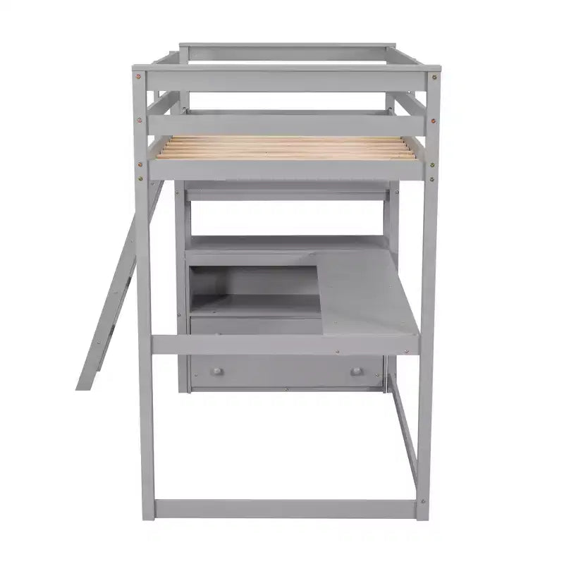 Twin/Full Size Loft Bed with Desk and Shelves, Pine Wood Loft Bed Frame with Two Built-in Drawers - ModernLuxe