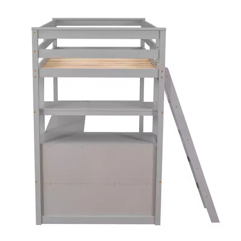 Twin/Full Size Loft Bed with Desk and Shelves, Pine Wood Loft Bed Frame with Two Built-in Drawers - ModernLuxe