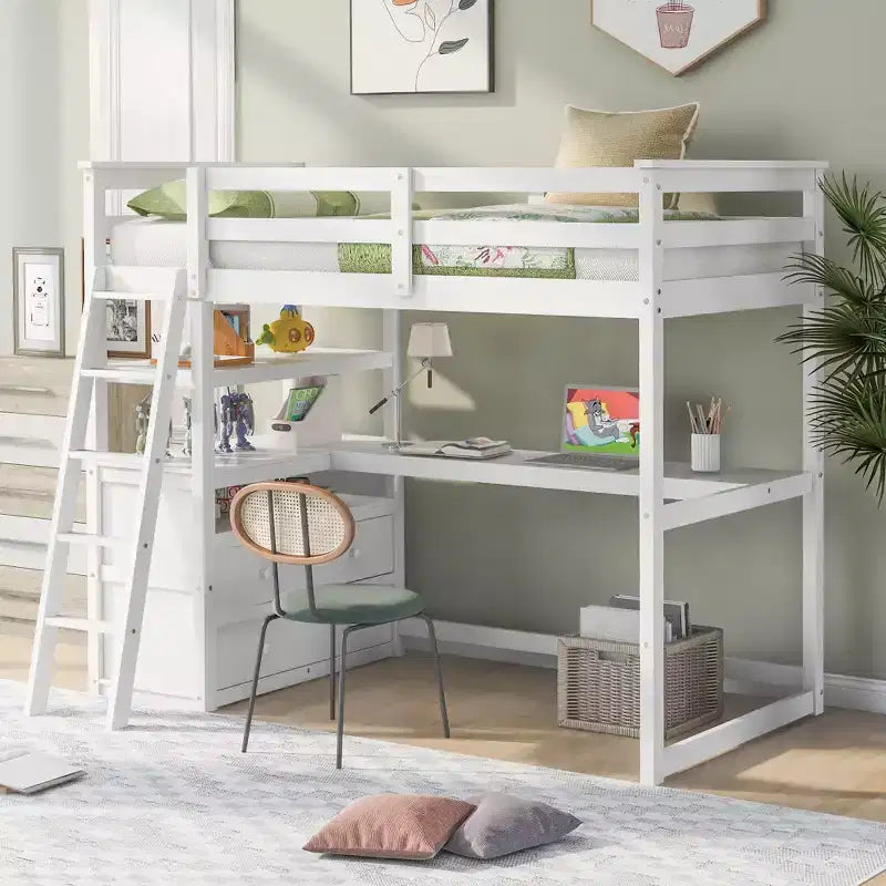 Twin/Full Size Loft Bed with Desk and Shelves, Pine Wood Loft Bed Frame with Two Built-in Drawers - ModernLuxe