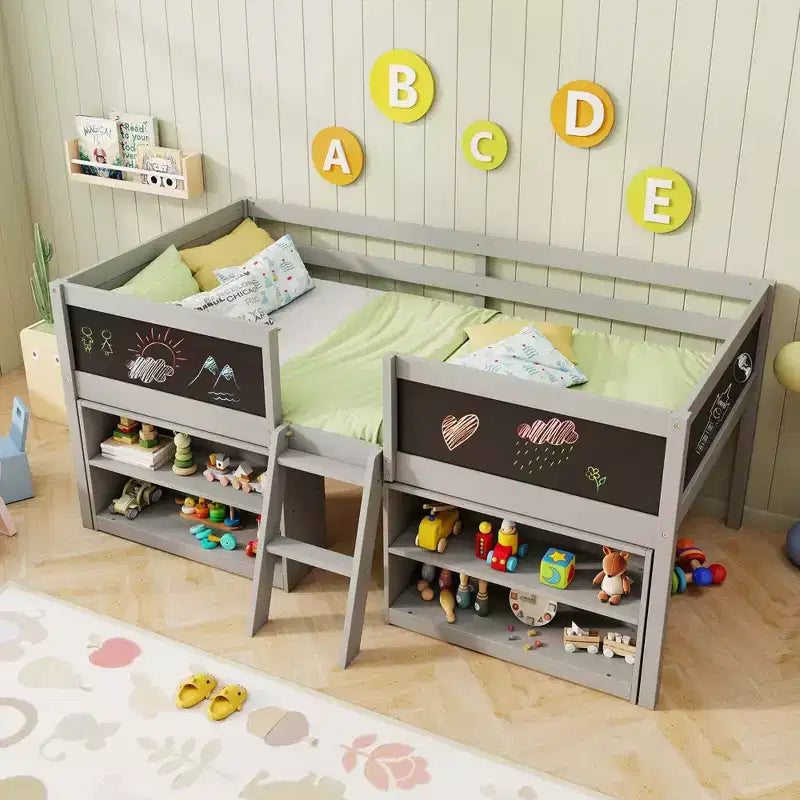 Costway Twin Size Low Loft Bed with Ramp Ladder & Bookcases Full-length Safety Guardrail White/Gray