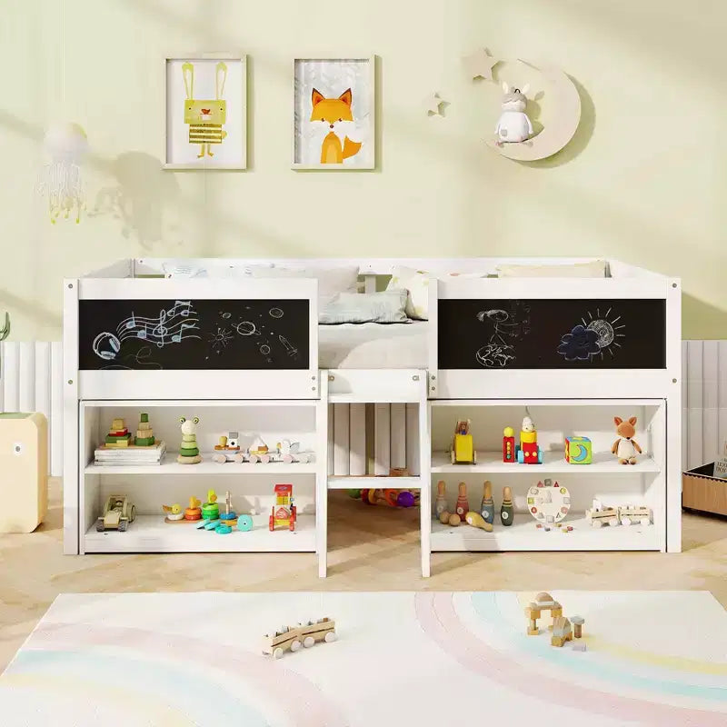 Costway Twin Size Low Loft Bed with Ramp Ladder & Bookcases Full-length Safety Guardrail White/Gray