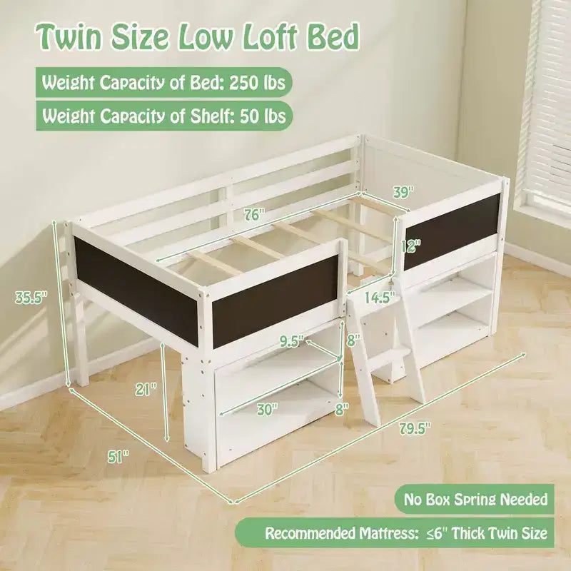 Costway Twin Size Low Loft Bed with Ramp Ladder & Bookcases Full-length Safety Guardrail White/Gray