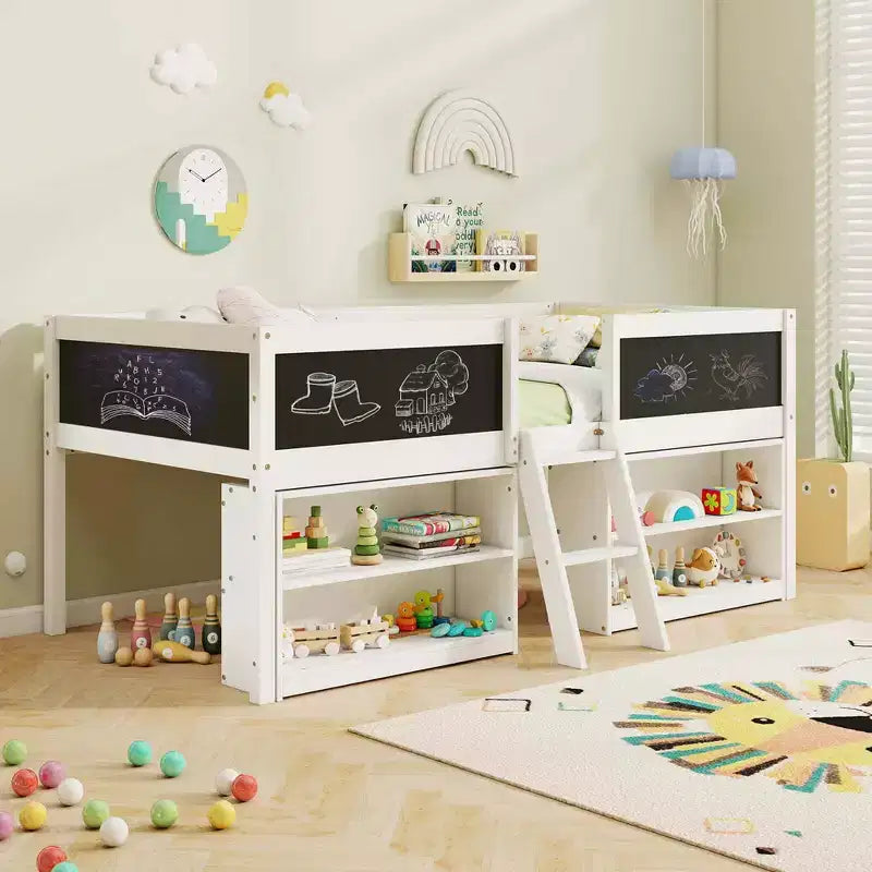 Costway Twin Size Low Loft Bed with Ramp Ladder & Bookcases Full-length Safety Guardrail White/Gray