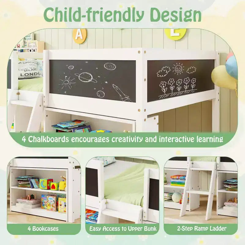 Costway Twin Size Low Loft Bed with Ramp Ladder & Bookcases Full-length Safety Guardrail White/Gray