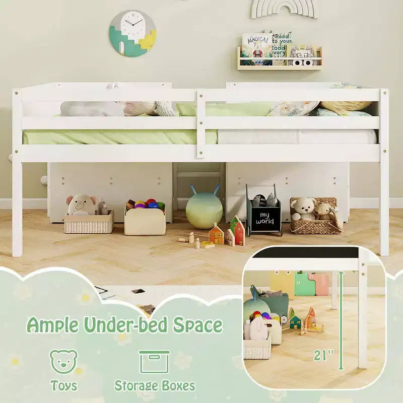 Costway Twin Size Low Loft Bed with Ramp Ladder & Bookcases Full-length Safety Guardrail White/Gray