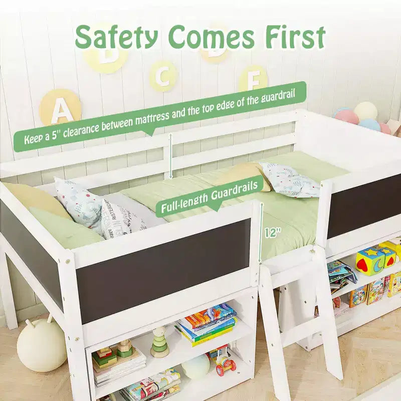 Costway Twin Size Low Loft Bed with Ramp Ladder & Bookcases Full-length Safety Guardrail White/Gray